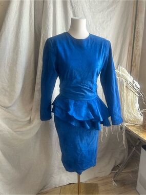 Vintage 80s Cobalt Blue Genuine Suede Peplum Dress – G-III – Made in Korea
